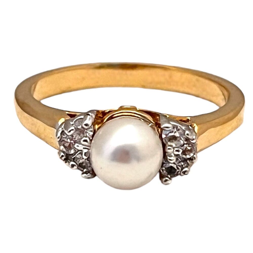 Vintage 1970s Ring Size 6 Simulated Pearl CZ Three Stone Gold Plated - 14M - Picture 7 of 15